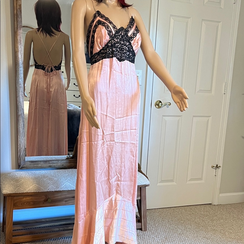 Vintage 70’s Pale Pink and Black Lace Maxi Dress